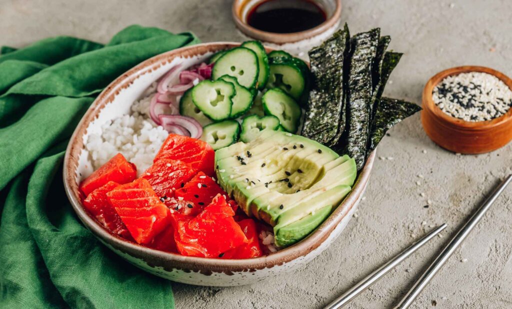 Educational image depicting the components that make up a poke bowl, possibly with labels or annotations.