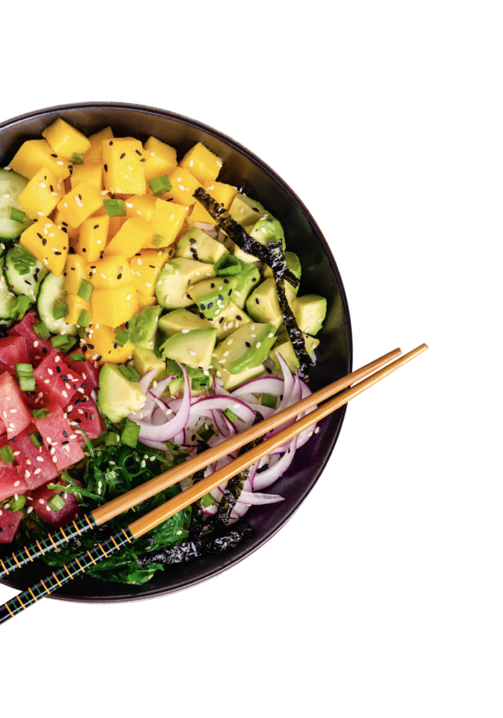 Vertical image of a second variation of a Hawaiian tuna poke bowl, with a focus on the unique presentation.